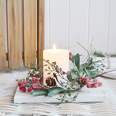 Create a beautiful centerpiece with this gorgeous winter candle ring with gently frosted leaves, little pinecones and contrasting red berries - Luxury Christmas table decoration