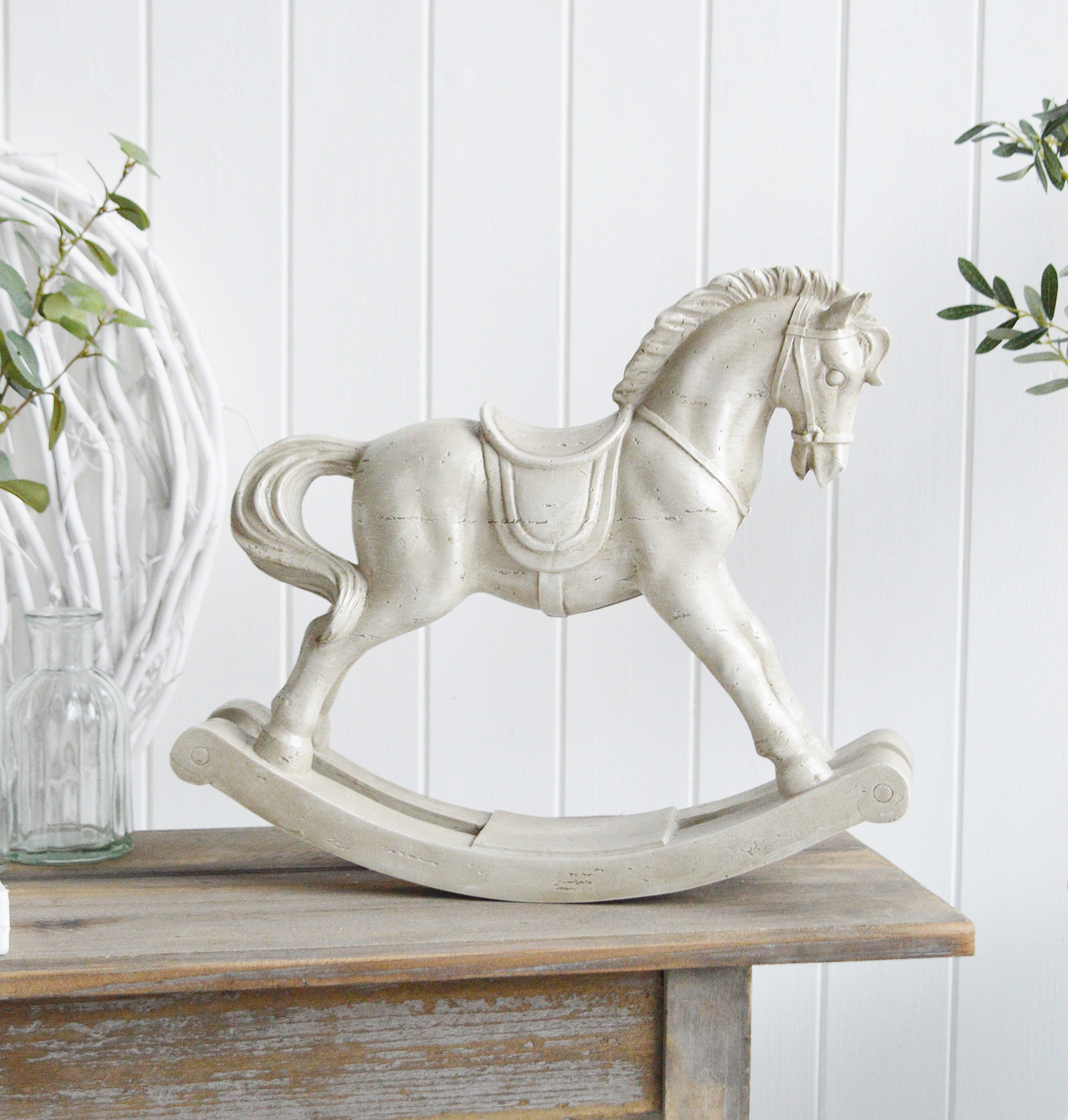 The White Lighthouse. White Furniture and accessories for the home. A decorative cream vintage rocking horse for New England Furniture and Interiors