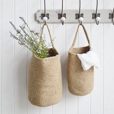 Campton Rustic set of hanging jute Basket - New England modern country, coastal and farmhouse furniture and interiors