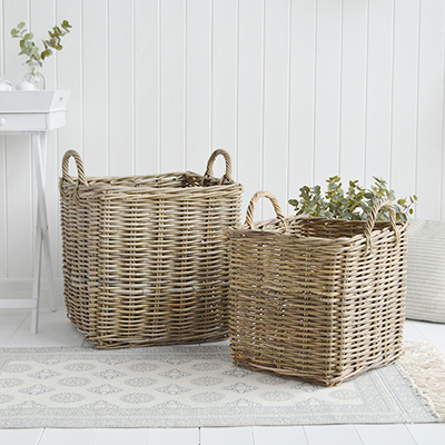 Casco Bay Grey basketware Willow round  for logs, toys and everyday storage from The White Lighthouse Furniture and Home Interiors for New England, country, coastal and city homes for hallway, living room, bedroom and bathroom