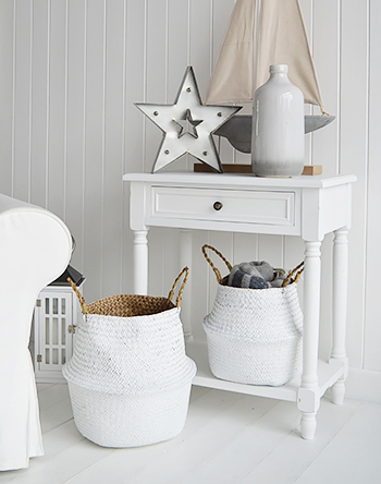 Set of 2 white baskets with handles for living room