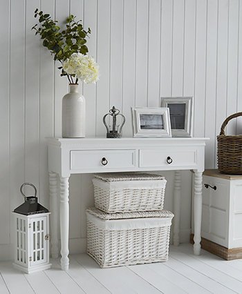 White basket storage under the New England console table in hallway furniture