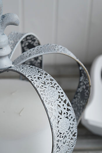 Close up of grey crown candle holder from The White Lighthouse