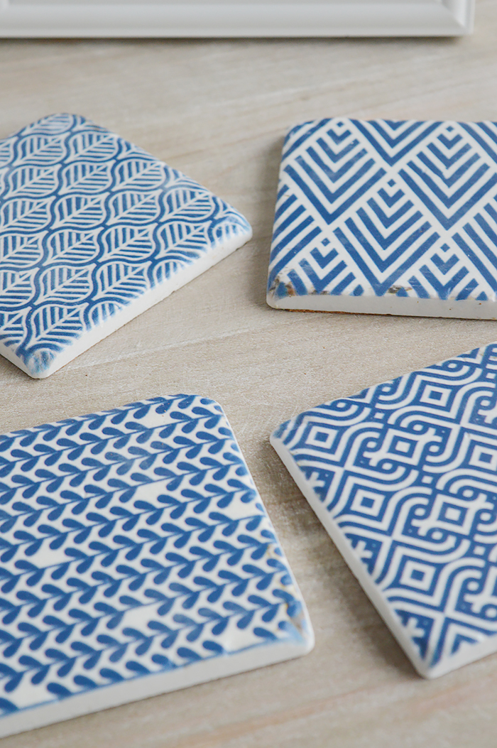 blue and white coasters
