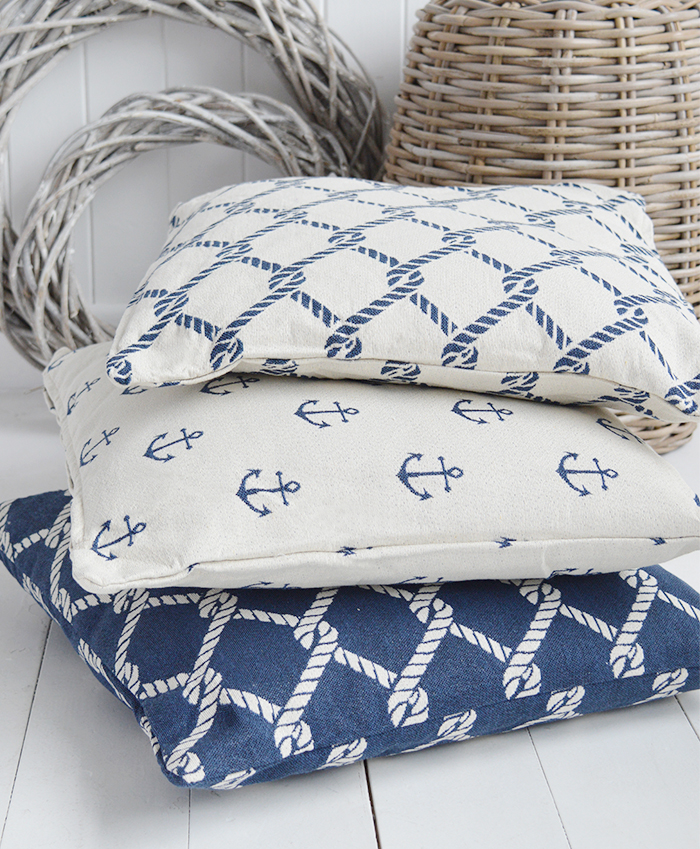 The White Lighthouse new England Home Interiors and Furniture - Coastal Cushions in navy rope and anchor
