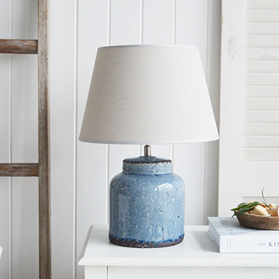 Blue Compton Lamp from The White Lighthouse Furniture. A lovely table lamp for bedside table or living room or bedroom furniture. New England style table lamps for country, coastal and farmhouse styled homes