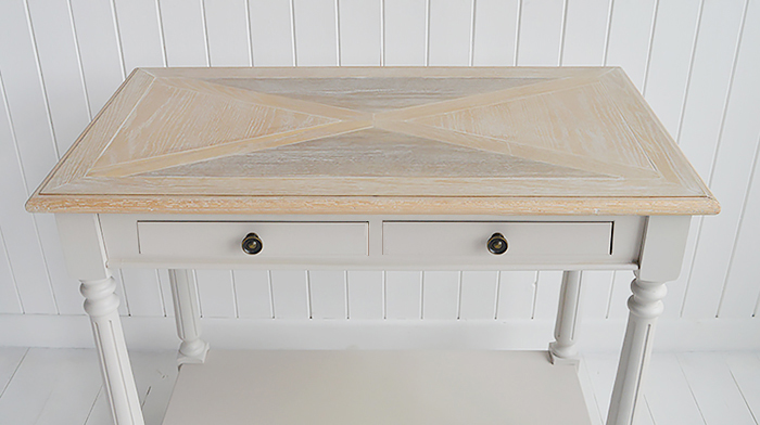 The White Lighthouse Brittany Console Hall table from The White Lighthouse Country, Coastal and New England Hallway furniture. Shows parquet table top