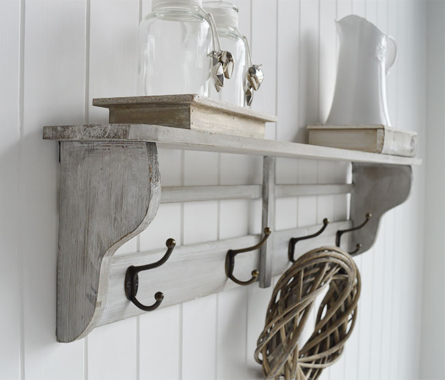 Parisian grey wall shelf and 4 double hooks for coat rack  or in bathroom
