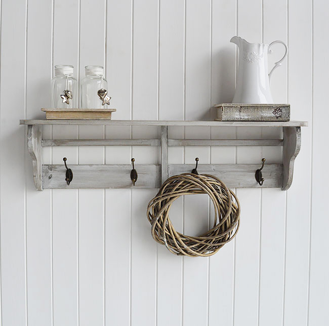 Parisian grey wall shelf and 4 double hooks for coat rack in hallway