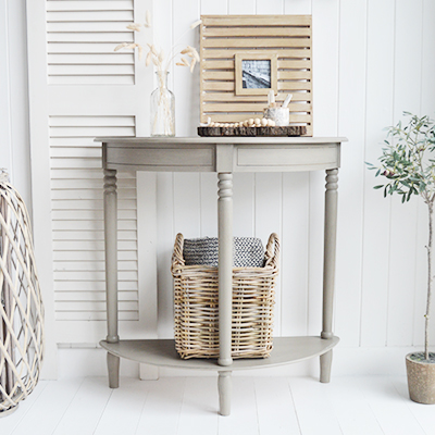 Newport French Grey narrow hall half moon console table with a shelf. Suitable furniture for all New England country, coastal, modern farmhouse and Hamptons styled homes from The White Lighthouse. Hallway and living room furniture