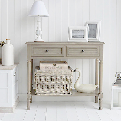 Newport Console Table with drawers and shelf in French Grey for living room and hallway furniture to complement New England coastal, country and modern farmhouse interiors and homes