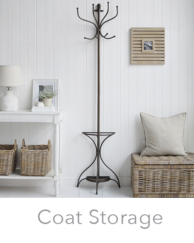 Hallway Coat Storage Furniture. Coat Stands and racks from The White Lighthouse. Specialising in New England and white furniture for country, coastal, modern farmhouse and country homes in UK and Ireland 