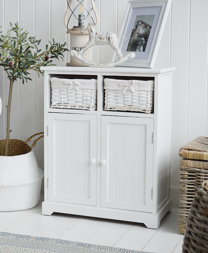 White furniture for the living room. Maine white sideboard with large cupboard and two basket drawers for New England, country and coastal furniture