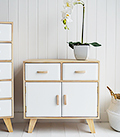Hamptons white and natural wood furniture for living room, hallway and bedroom in Scandi style interior design