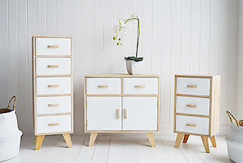 Hamptons Scandi style white and natural wood furniture for bedroom, living room and hall