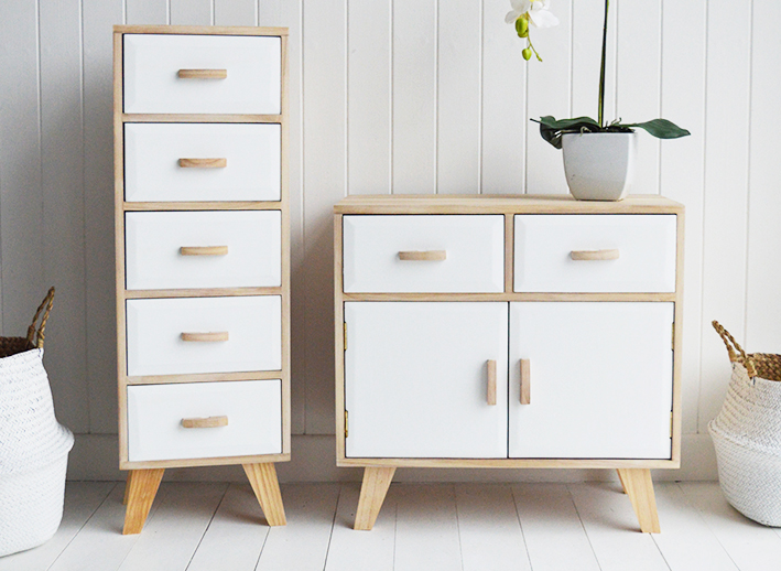 Scandi living room storage furniture cabinets drawers from The White Lighthouse