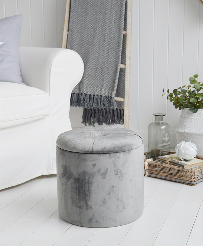 The White Lighthouse New England Country and Coastal Furniture for the living room. Our Barrington grey storage foot stool