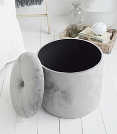 The White Lighthouse New England Country and Coastal Furniture for the living room. Our Barrington grey storage foot stool