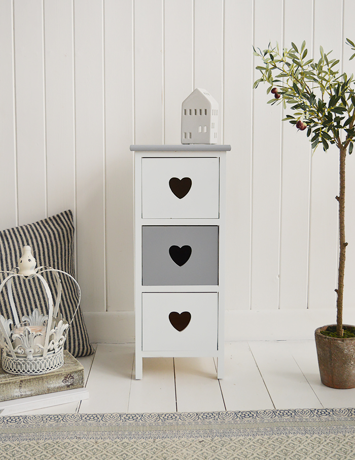 Narrow bedside table 25cm widest, slim bedroom furniture in grey and white Sweetheart range