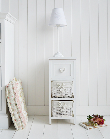 White narrow bedside table with drawers heart - 25cm wide