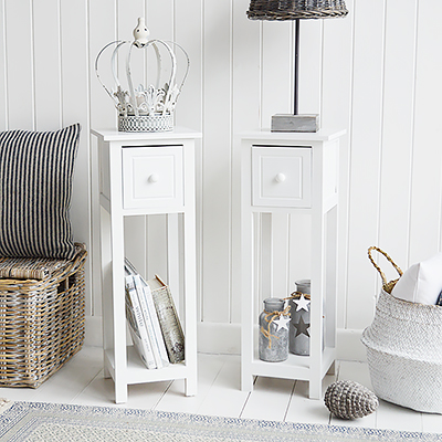 Pair of Bar Harbor narrow white bedside table with drawer and shelf  for bedroom storage 25cm wide. New England white furniture for coastal, country and modern farmhouse styled homes and interiors