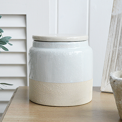     The Hudson Jar is a pale grey ceramic lidded jar with a textured sand-coloured base, perfect for coastal and Hamptons interiors.