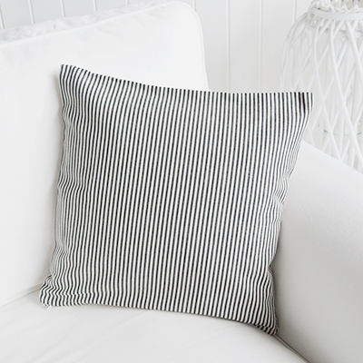 Our Cape Cod striped cushion cover in three, charcoal colour ways - Navy and white and red and white. Team our Cape Cod stripes with accents of sun bleached colour to channel the spirit of summer by the coast.	  A very versatile design to work in any interiors but is perfect for conjuring up a summer beach feel for New England country and coastal homes