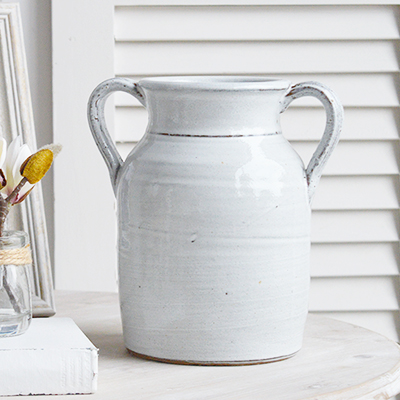 Barrington white ceramic urn vase - New England White Interiors and accessories for Coastal Hamptons Beach house homes and interiors