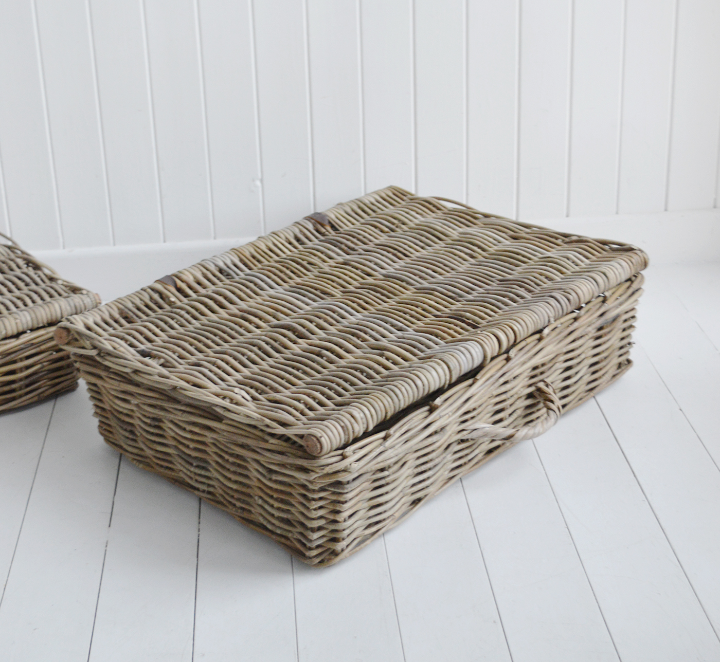 Casco Bay grey willow rattan Basket for  Under Bed Storage - New England Coastal Furniture and Accessories from The White Lighthouse