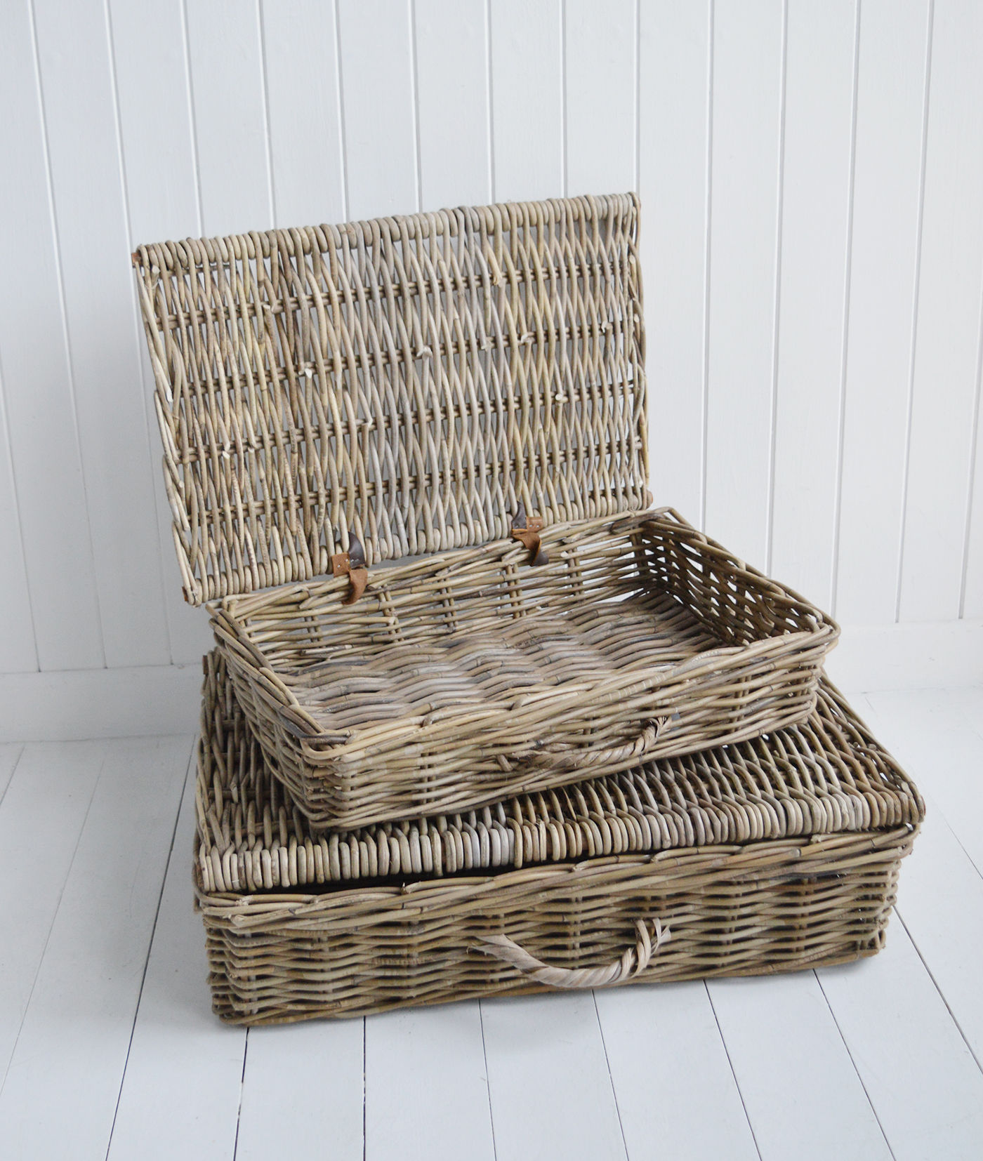 Casco Bay grey shallow willow rattan Basket for  Under Bed Storage - New England Coastal Furniture and Accessories from The White Lighthouse