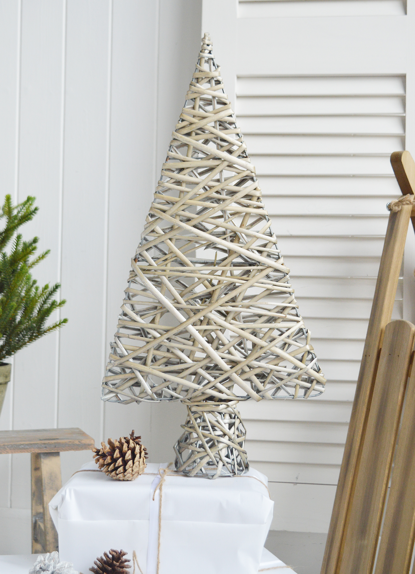 New England style Christmas Decor for cottage, farmhouse, coastal, country and city homes and interiors. Grey Willow Standing Christmas Tree  - New England style Christmas Decor