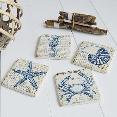 Blue and white floral coasters for New england coastal homes and interiors