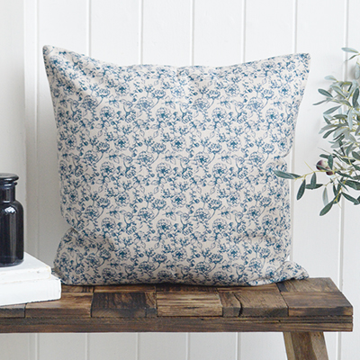 New England Style Country, Coastal and White Furniture and accessories for the home. Hamptons and New England coastal cushions and soft furnishings - Lexington Blue floral Cushion Cover