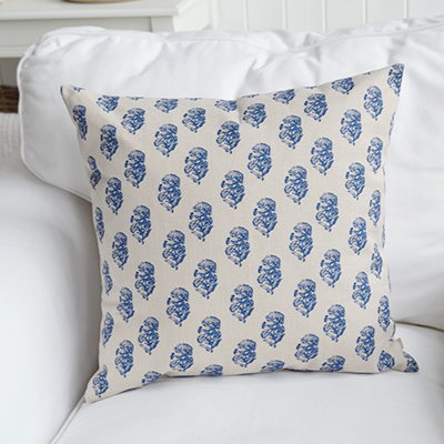 Shop the Bailey Island cushion – a blue and white coastal accent pillow inspired by New England charm. Perfect for Hamptons-style, beach house, and relaxed coastal home interiors