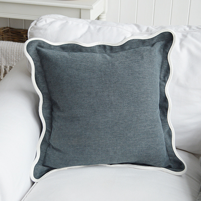 The Chatham Scallop navy Cushion blends coastal elegance and farmhouse simplicity, with soft cream linen and a refined grey scalloped edge.