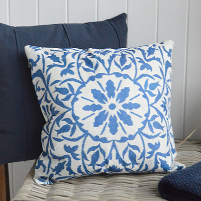 The Limington blue floral cushion cover adds decorative pattern and texture to New England living rooms and Hamptons bedrooms.