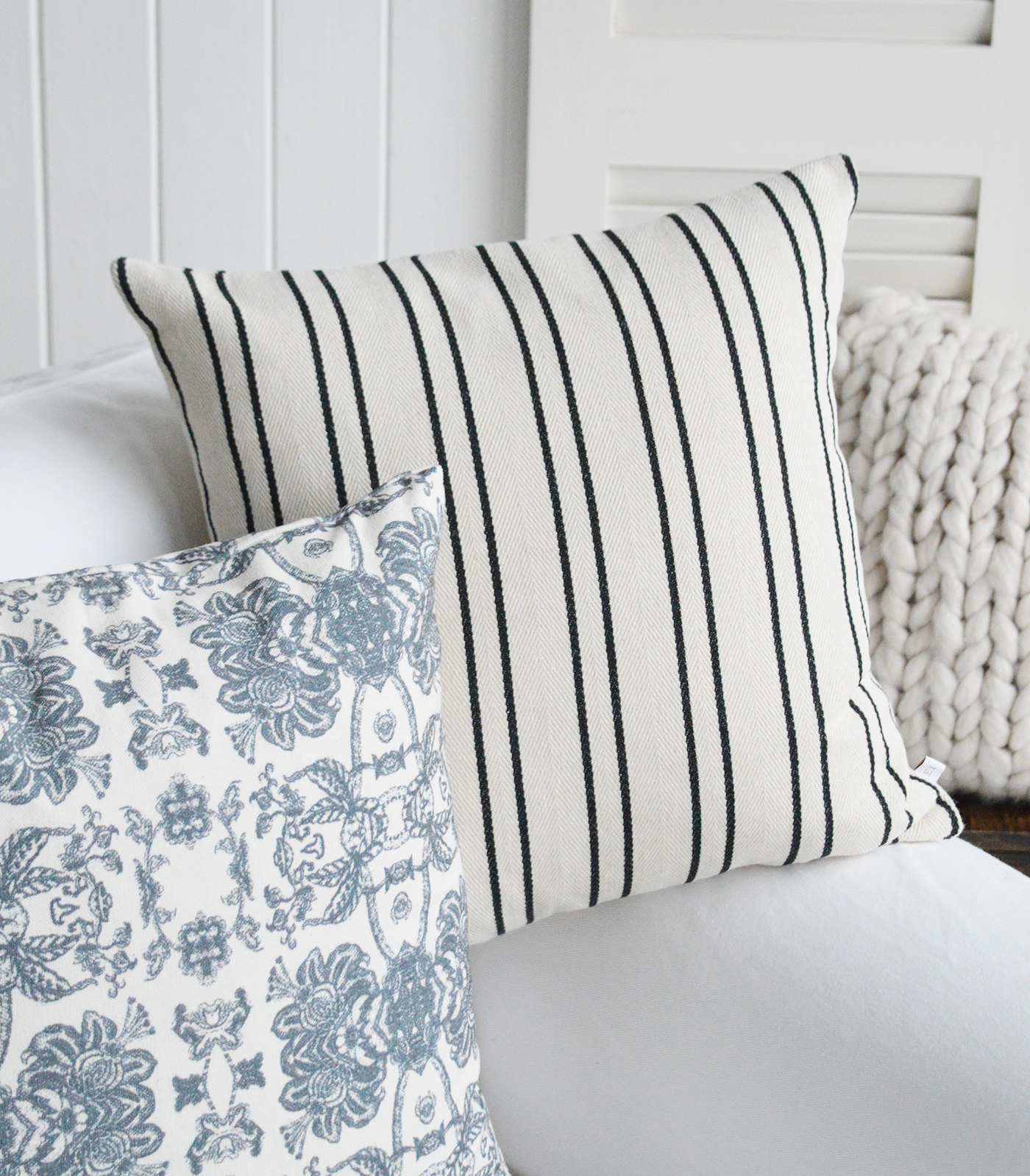 Quincy Cushion Cover in dark navy stripe with a herringbone back - New England Coastal and Farmhouse Homes and Interiors