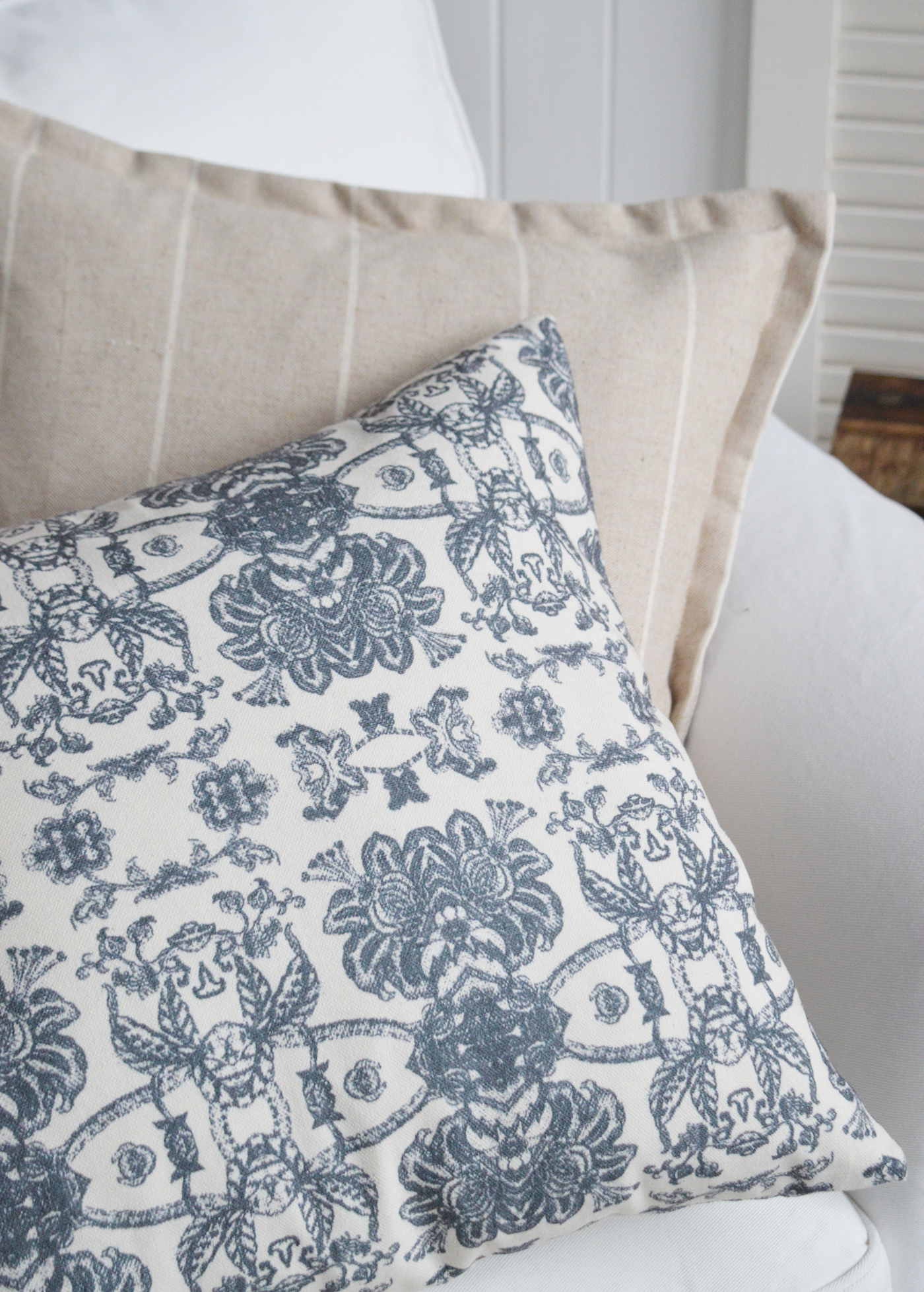 The navy blue Willington cover with Rhode Island... soft furnishings to style a New England and Hamptons inspired home