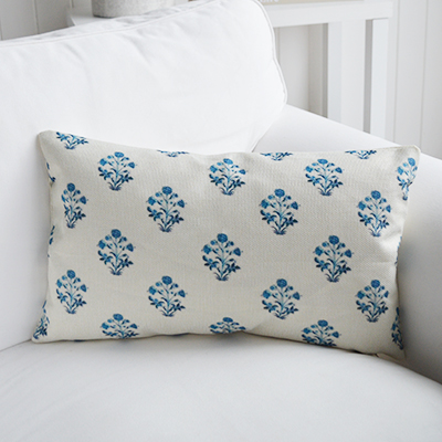 The Somerville blue floral cushion cover is perfect for coastal interiors styled in soft whites and natural textures.