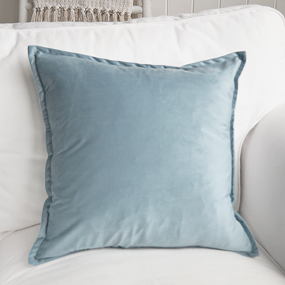 Shop the Belmont pale blue cushion cover in soft velvety fabric, perfect for adding colour and texture to New England, Hamptons and coastal interiors.