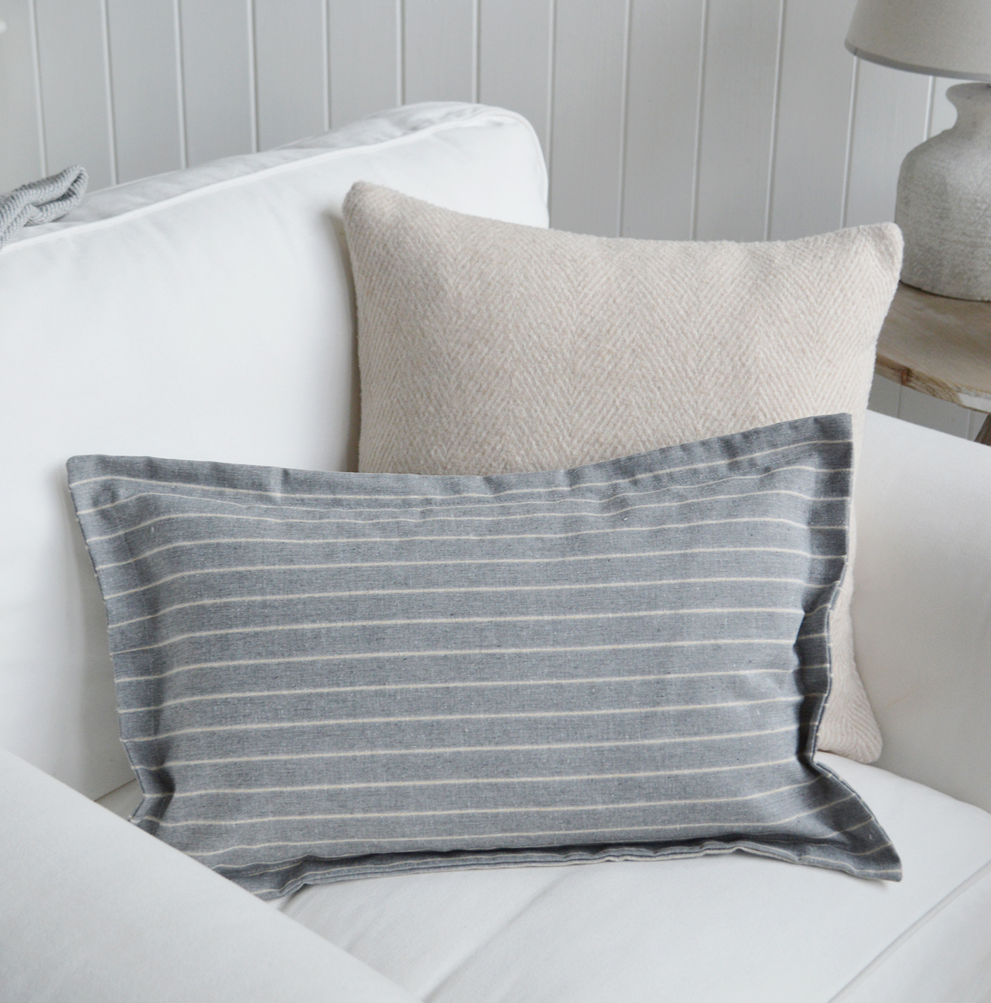 Hamptons and New England Style Coastal Cushions - Peabody Grey Stripe Cushion Cover with the Dalton beige wool blend herringbone cover