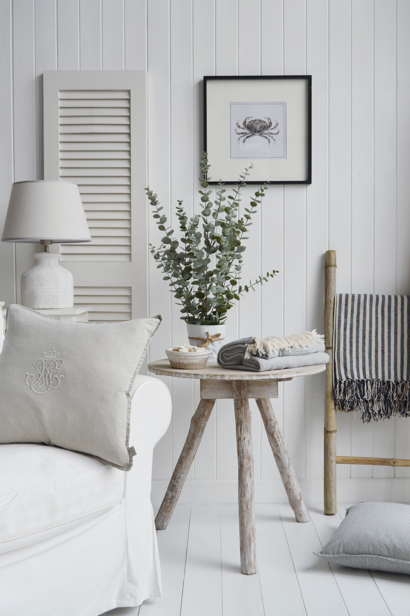 Faux Eucalyptus plant in a luxurious Hamptons coastal home interior