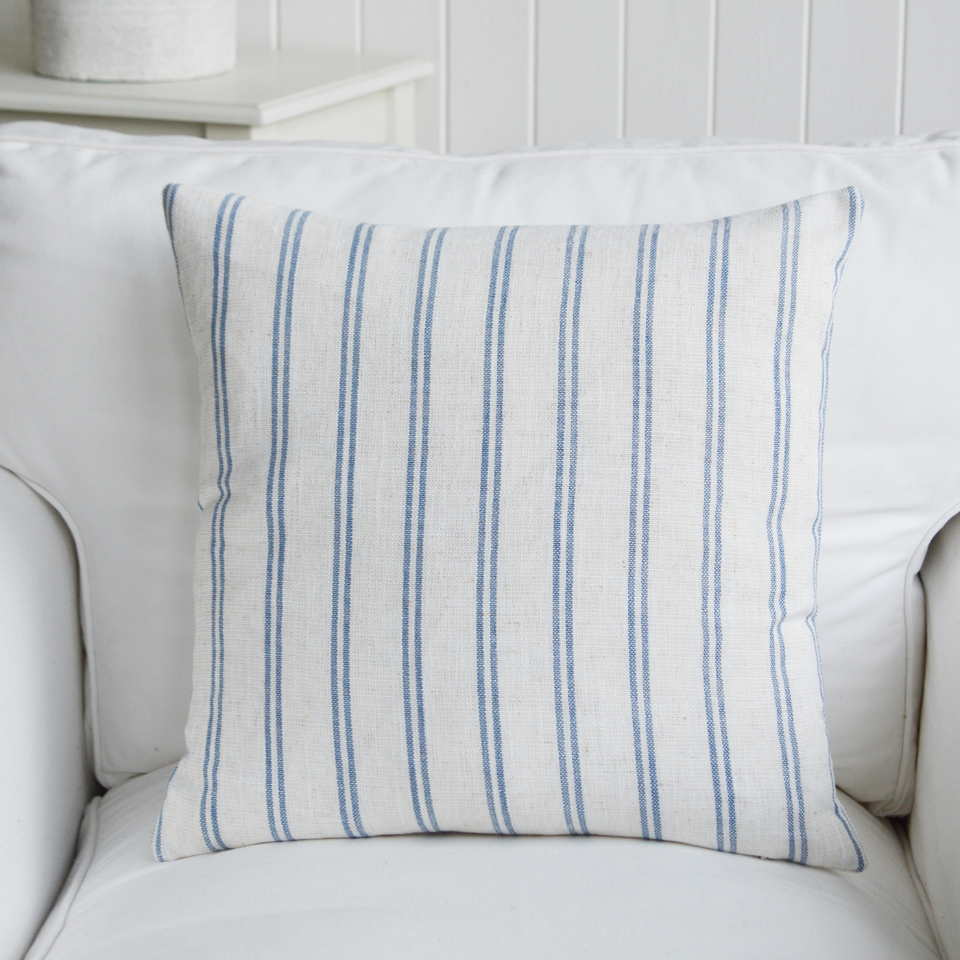 Coastal Hamptons cushions for the home. Harrison Blue and White Stripe Cushion Cover