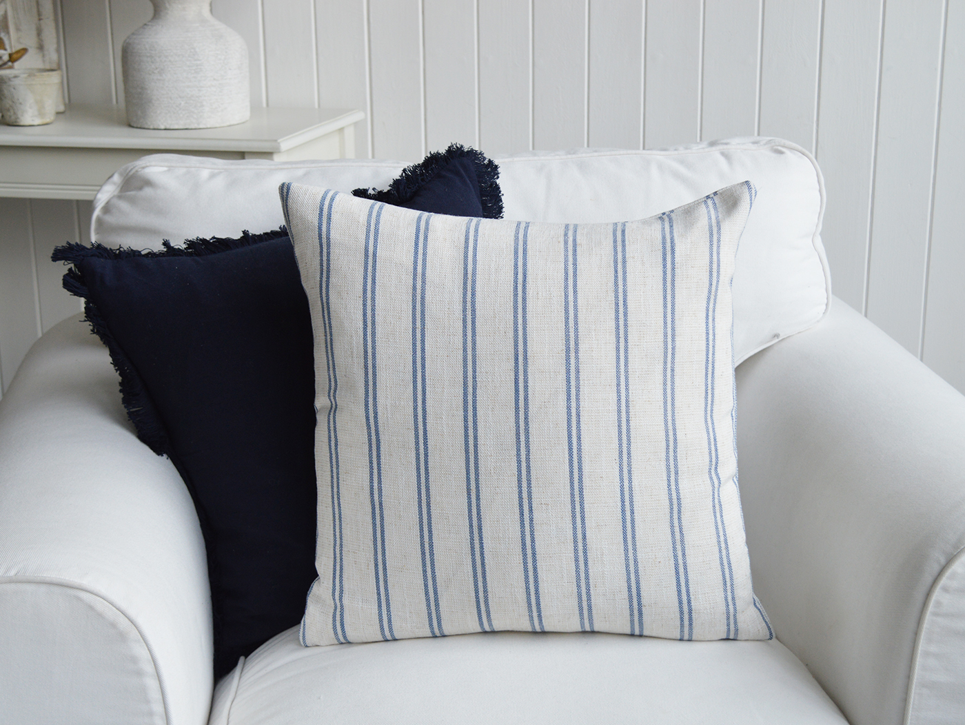 Harrison Blue and White Stripe Cushion Cover. Hamptons Coastal Cushions