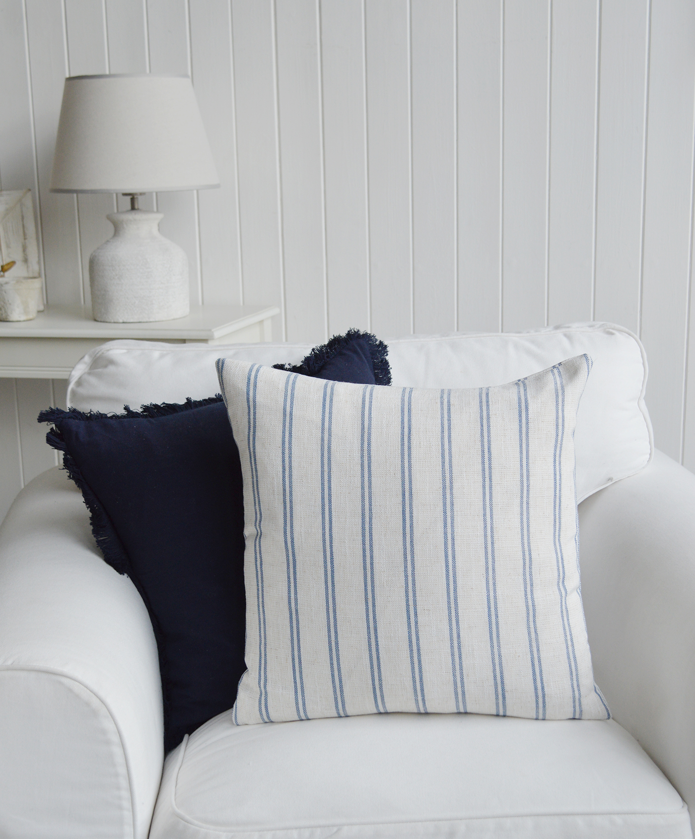 Harrison Blue and White Stripe Cushion Cover. Range of New ENgland coastal cushions