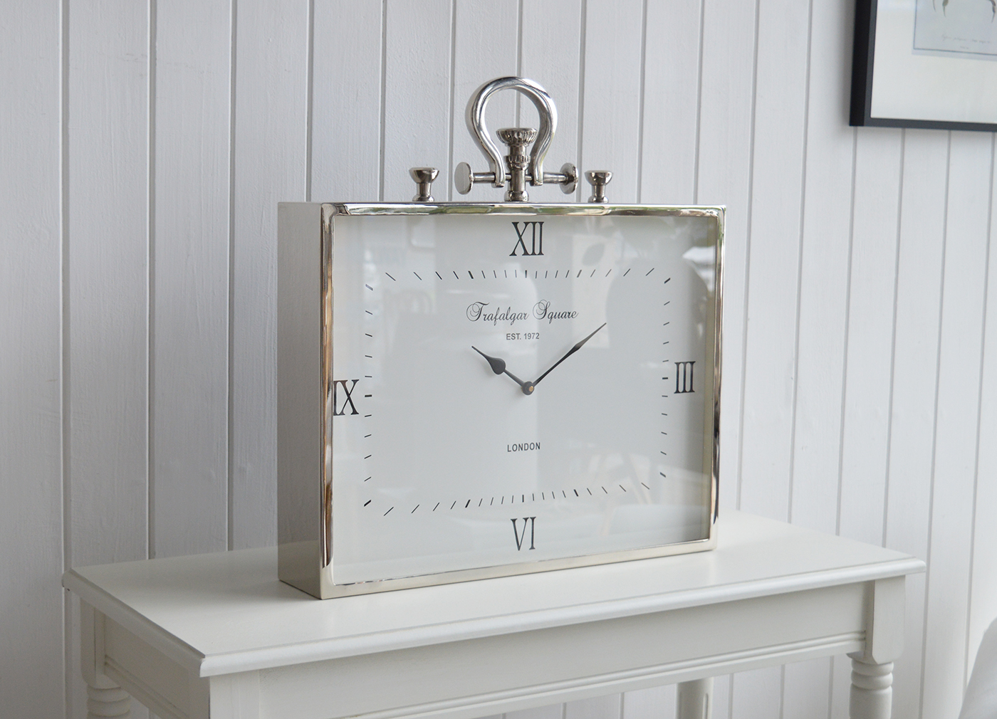 Extra large statement silver mantel clock for luxurious Hamptobns inspired living room