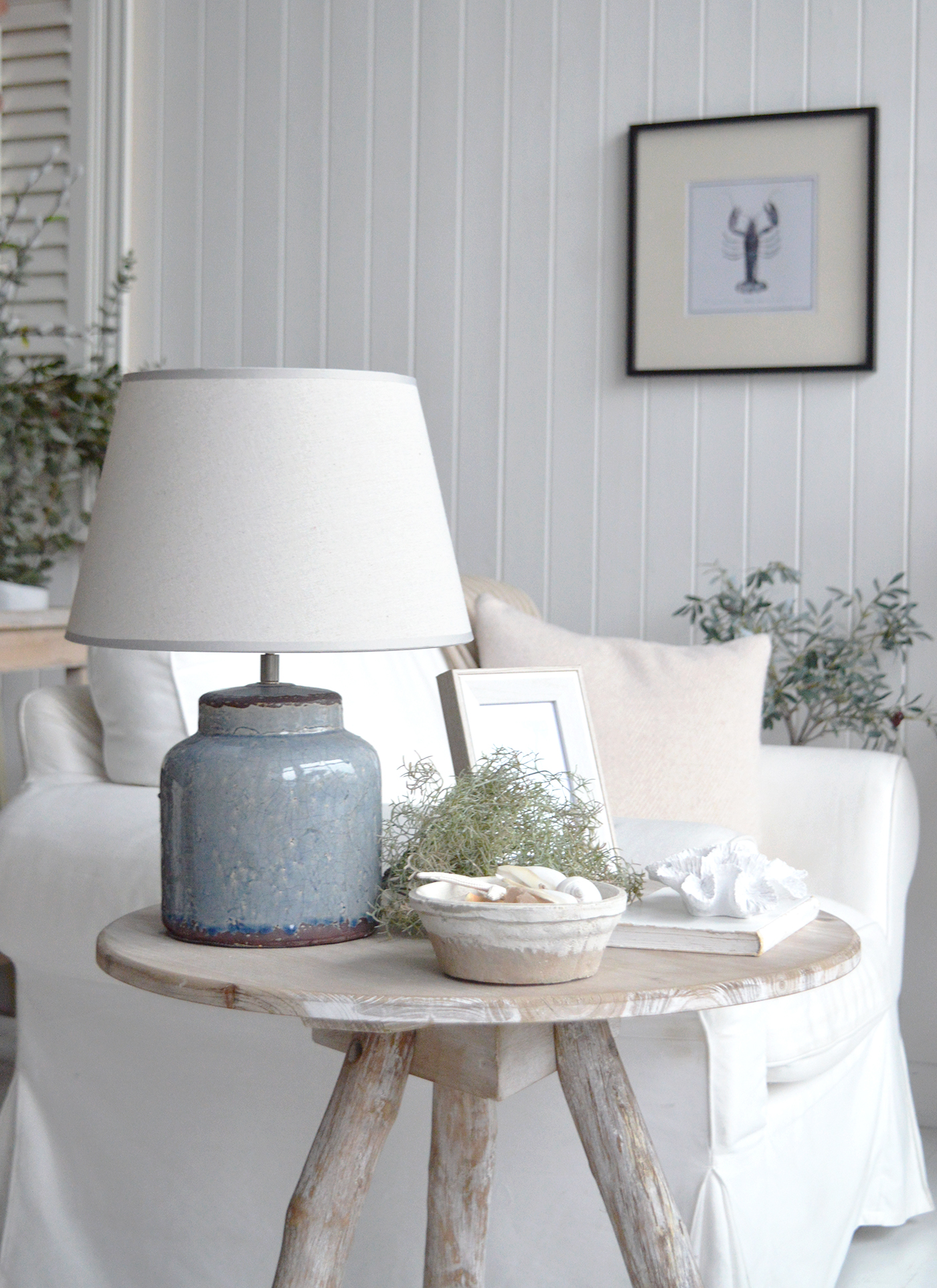 Blue Compton lamp on the Driftwood table for a beautiful coastal or farmhouse home