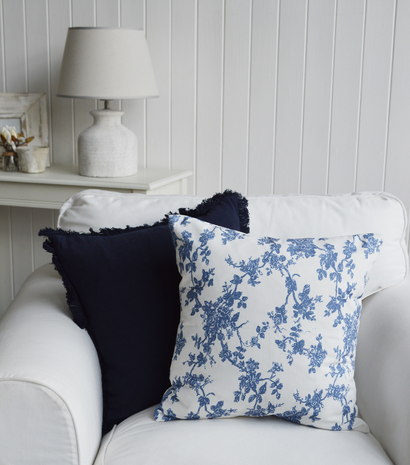 Marlow blue and white floral cushions for Hamptons coastal interiors