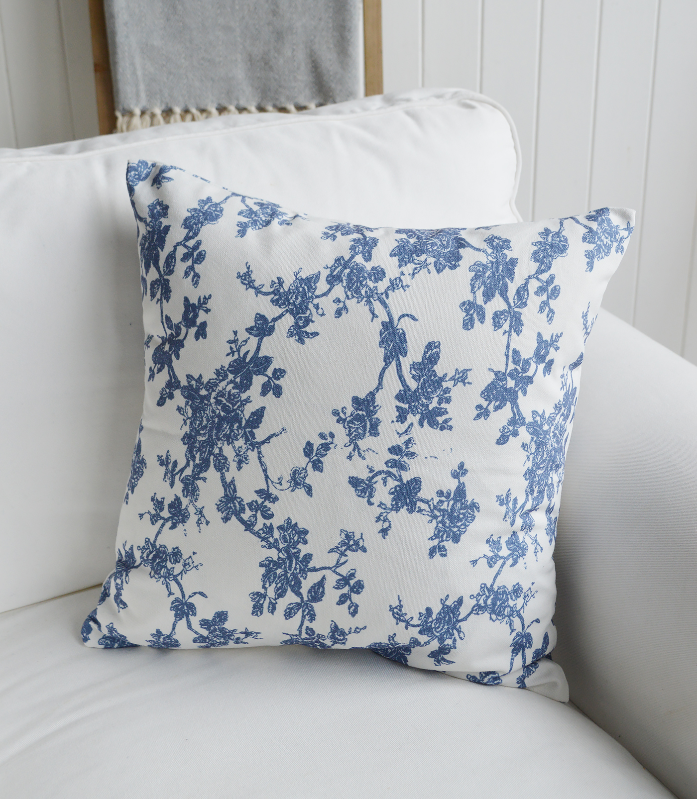 Marlow blue and white printed floral cushions for New England styled interiors