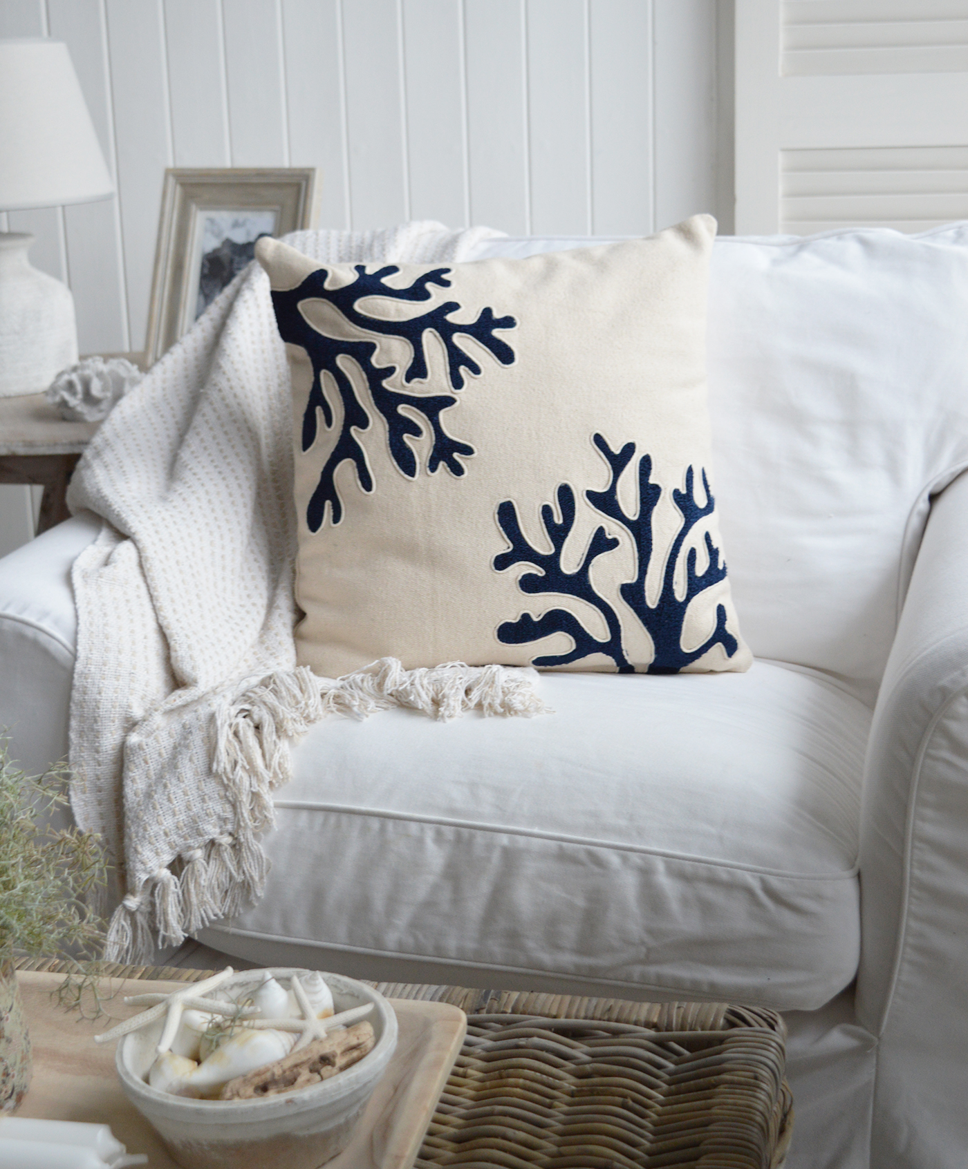 Enhance your Hamptons-style decor with our coastal cushion cover, featuring an elegant coral design that brings a touch of seaside charm to any space.